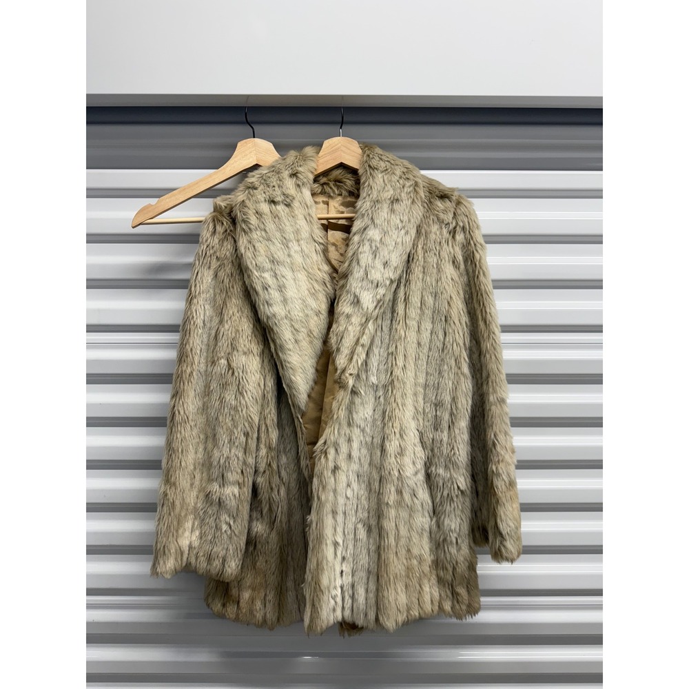 Vintage Faux Fur Coat Beige Tan Shawl Collar‎ Mid Length Glam Jacket women Sz M